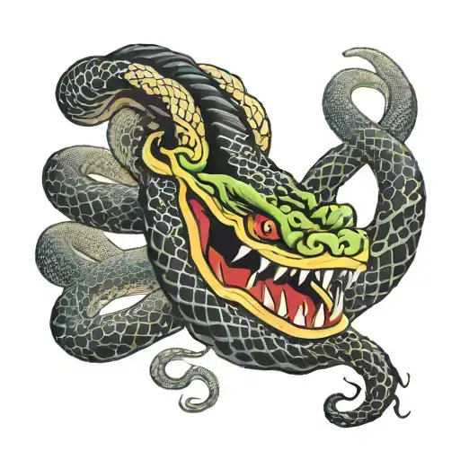 mask biting snake intertwined tattoo design idea
