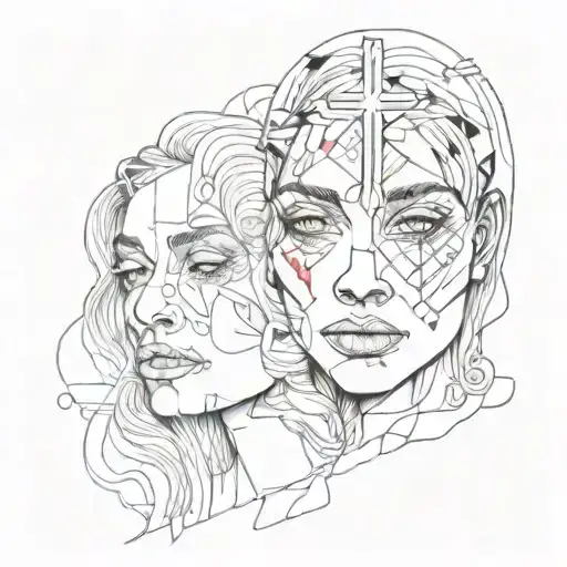 Psychedelic painted faces with a cross tattoo design idea