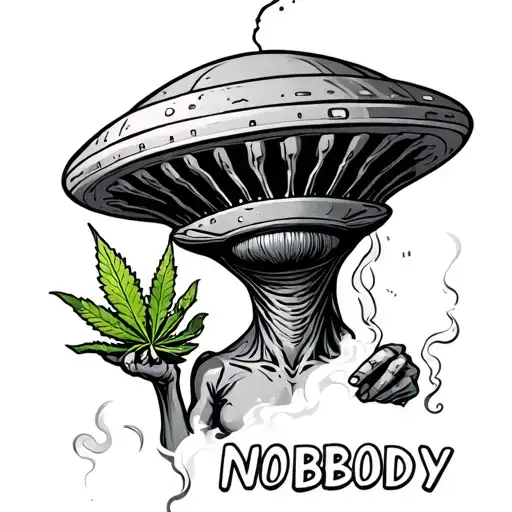 Tired Alien Smoking Weed in ufo with nobody written under it tattoo design idea