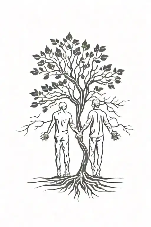 Two men holding hands infront of the tree of life tattoo design idea