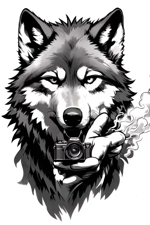 wolf looking forward , one piece anime , mafia scene, smoke and small camera just tiny one hanging on finger tattoo design idea