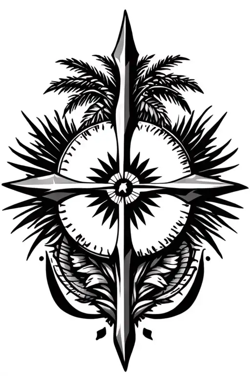 Puerto Rican tribal tattoo, Puerto Rican national flower, Christian cross, compass, military symbolism, palm trees tattoo design idea