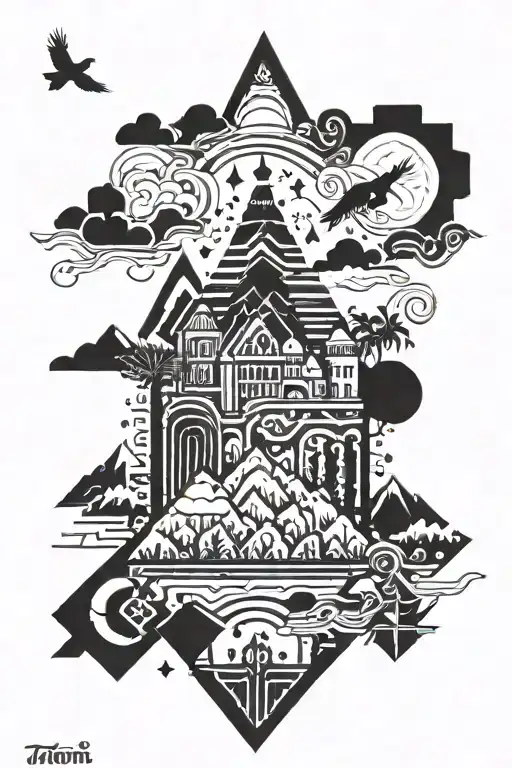 tottem shaped half sleeve featuring elements from Caracas Venezuela like a mountain birds food buildings  tattoo design idea