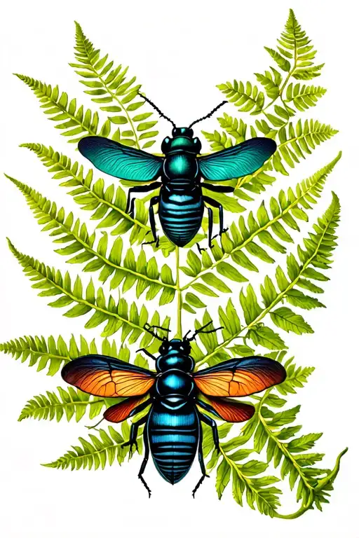 complex tattoo insects in fern leaves and wood vines tattoo design idea