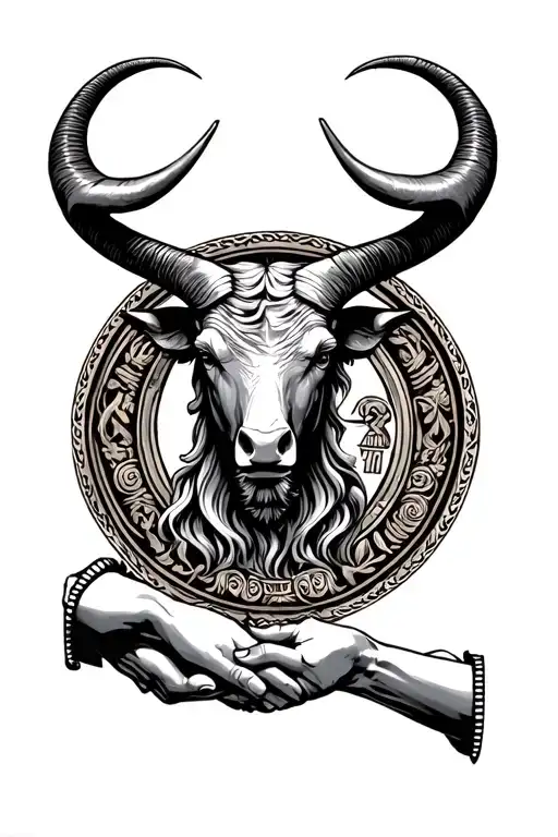 taurus sign + greek god holding hands in a circle tattoo design idea
