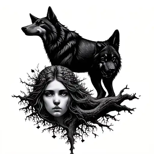 two wolves constituting the roots of the tree of life whose trunk is a woman's face tattoo design idea