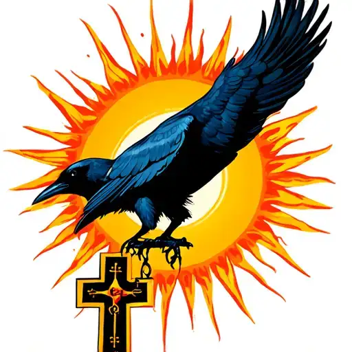 Crow outstretched in front of the blazing hot sun carrying the orthodox cross tattoo design idea