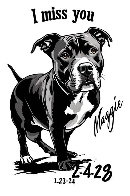 "I miss you Maggie    12-23-24" pitbull sketch style tattoo tattoo design idea