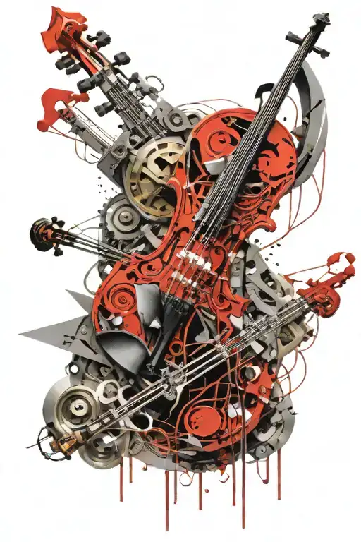 MM.M on top, something that remember a violin in the middle, mecha wings, electricity elements and engines as background tattoo design idea