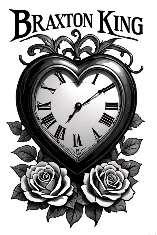 "Braxton King " heart shaped clock with clock hands pointed at the time 4:05 and add two roses at the top and bottom tattoo design idea