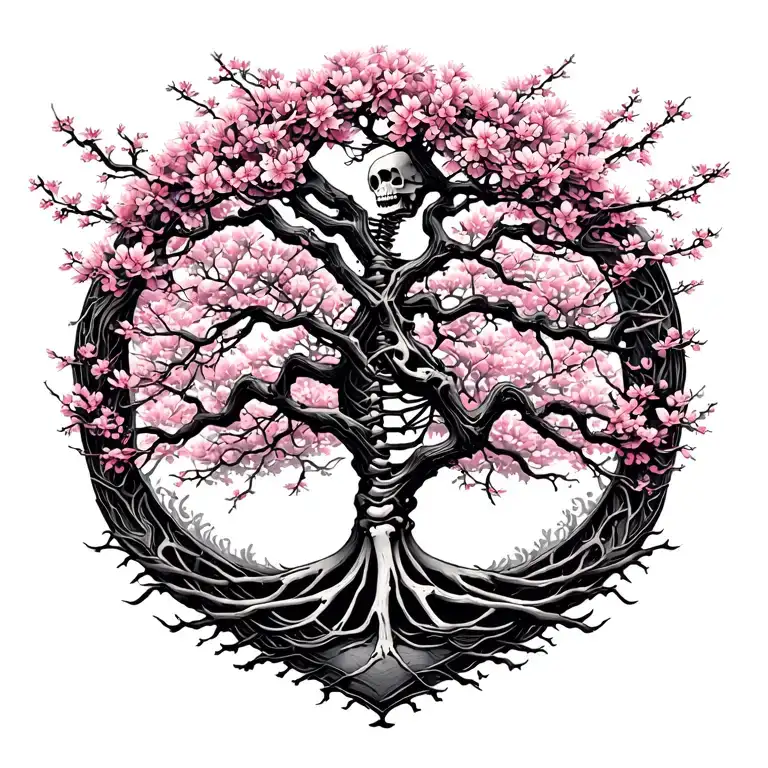 japanise cherry blossom skeleton tree intertwined within tattoo design idea