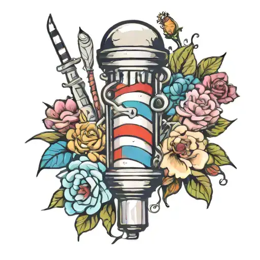 barber pole surrounded by flowers tattoo design idea