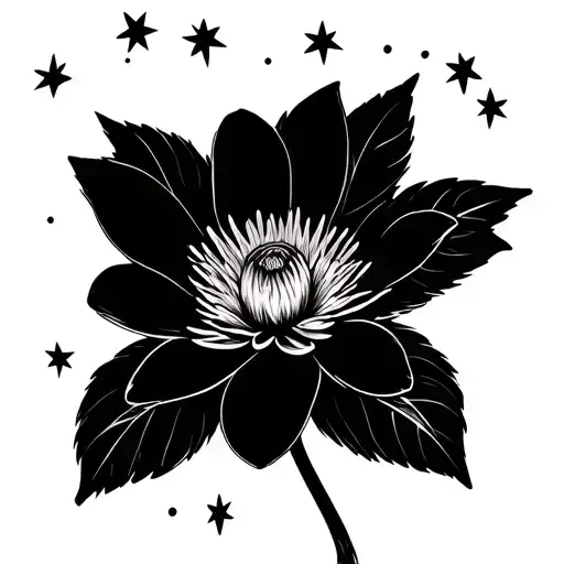 Larkspur or waterlily with stars around, then add this: ステラ・マリー placed nearby the tattoo or flowing with it  tattoo design idea