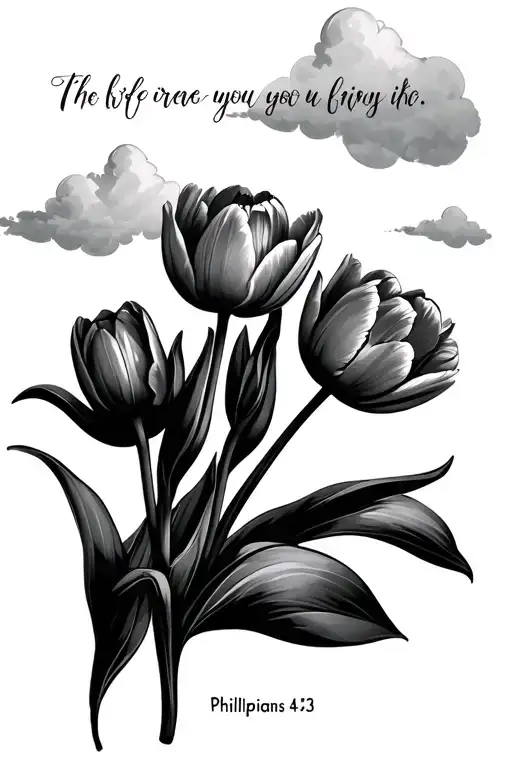 tulips with the Bible verse Philippians 4:13 with clouds in the background tattoo design idea