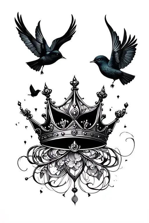Infinitely with crown and small birds flying tattoo design idea