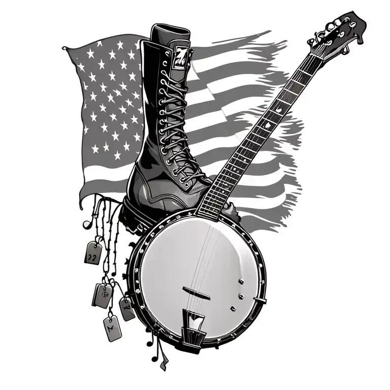 A banjo with music coming out of it, combat boots with dog tags hanging from them, an american flag as the background tattoo design idea