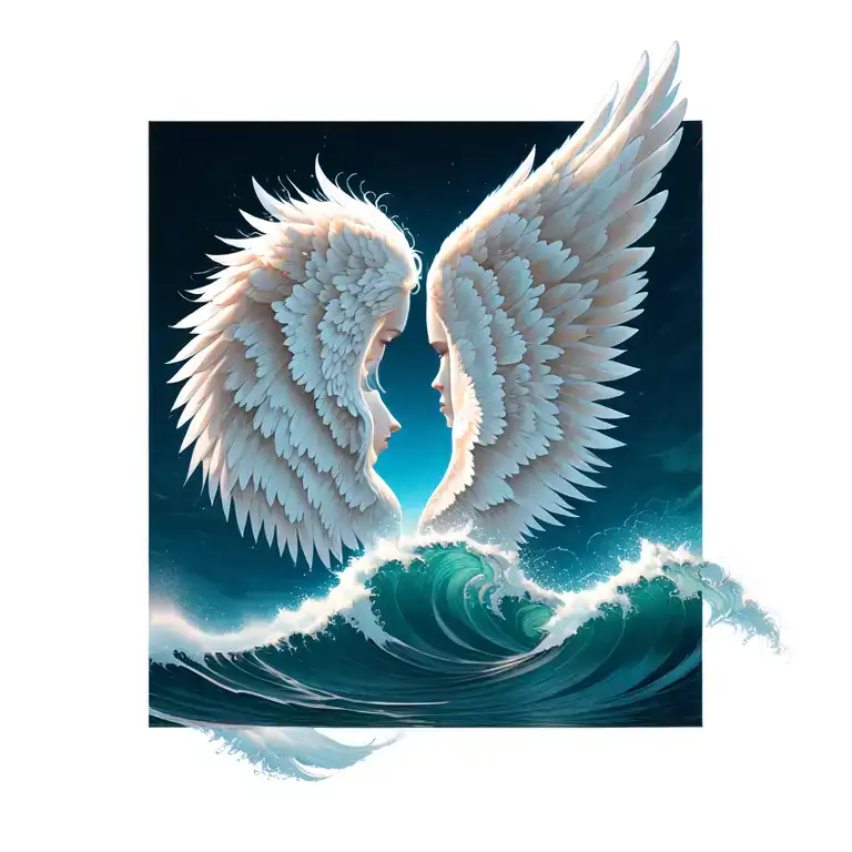 two waves facing each other morph into angel wings that wrap around (just the wings, no angel) tattoo design idea