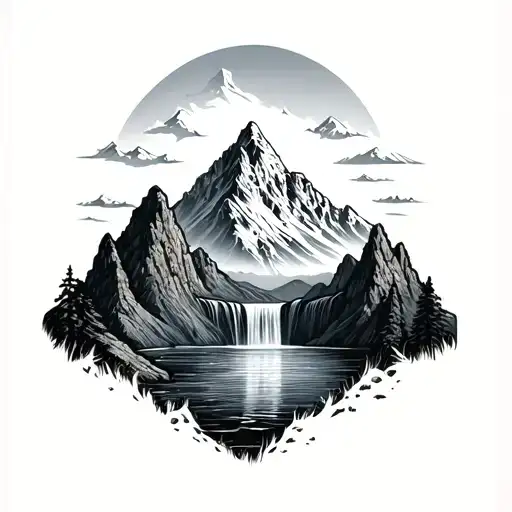 mountain peaks and waterfall  tattoo design idea