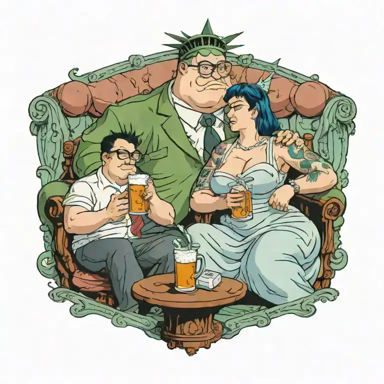peter griffin having a drink with a woman dressed as the statue of liberty tattoo design idea