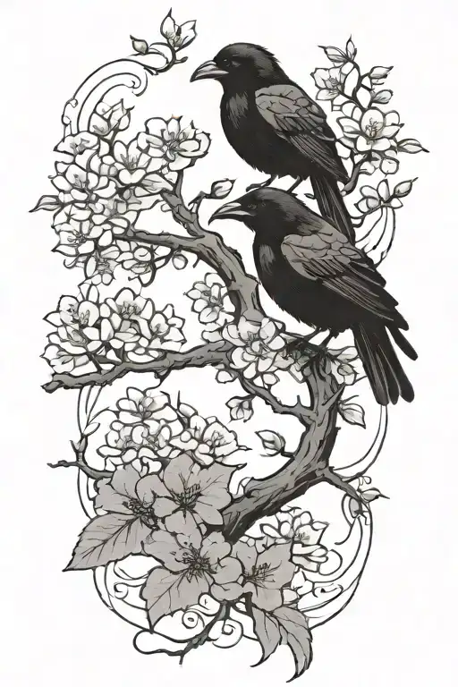 1 Black and grey cherry tree branch with black and grey blossoms and 3 small ravens forearm tattoo tattoo design idea