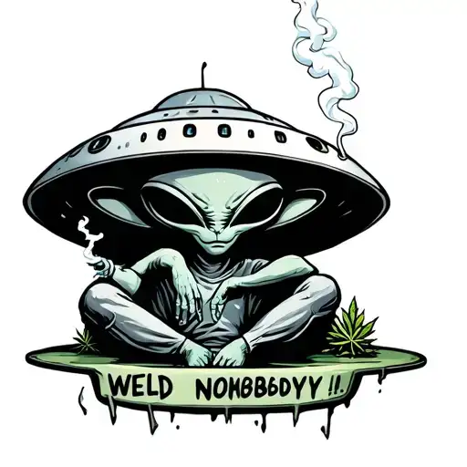Tired Alien Smoking Weed sitting in ufo with nobody written under it tattoo design idea