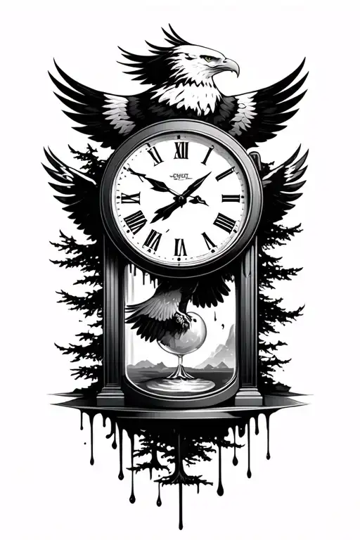 Flying Eagle lightning trees sand timer melting clock tattoo design idea