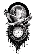 Flying Eagle lightning trees sand timer melting clock tattoo design idea