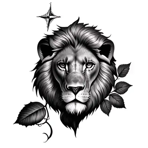 Rose with a lion combined with a cross in the eye with a compass tattoo design idea
