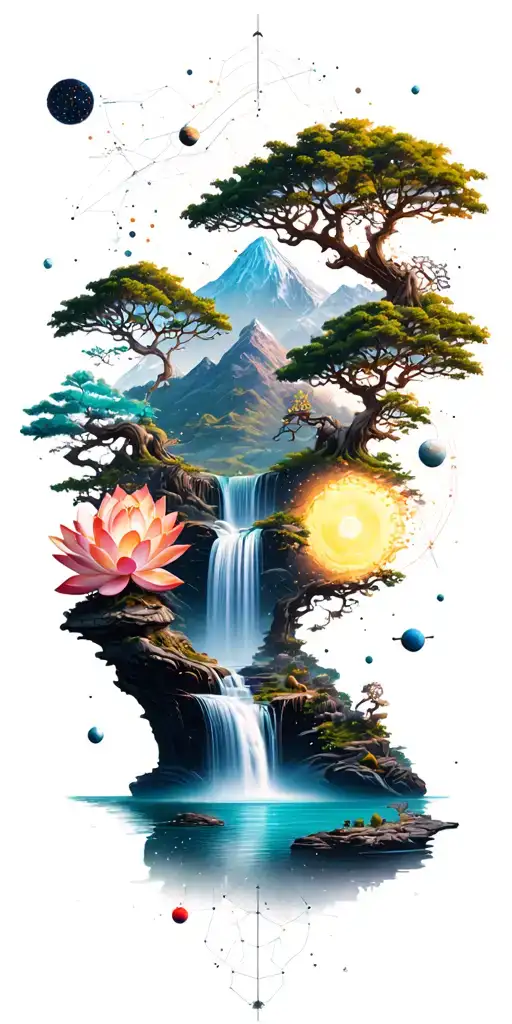 collage of space constellation, Buddhist mountain, trees, waterfall, lotus, wood mechanical gears tattoo design idea