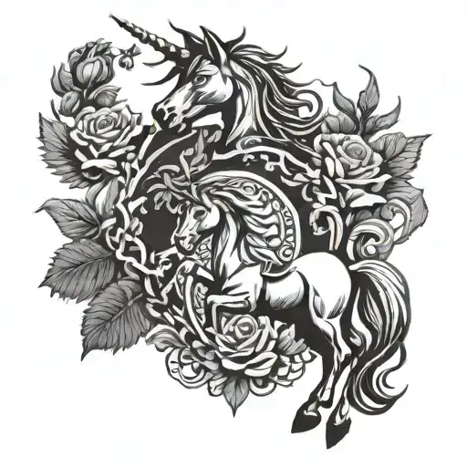 Scottish clan crest in heraldic style with unicorn, thistles and rose tattoo design idea