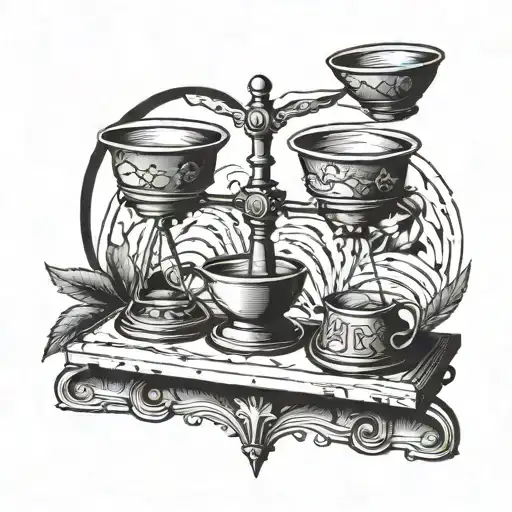 a balanced scale whose cups bear the letters M and R on each side. The axis of the scale is an arrow tattoo design idea