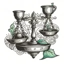 a balanced scale whose cups bear the letters M and R on each side. The axis of the scale is an arrow tattoo design idea