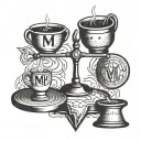 a balanced scale whose cups bear the letters M and R on each side. The axis of the scale is an arrow tattoo design idea