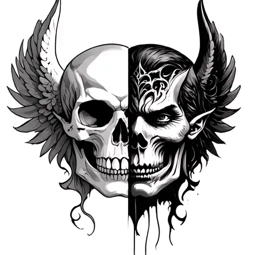 two side face with skull in middle one side is angel and second side is devil tattoo design idea