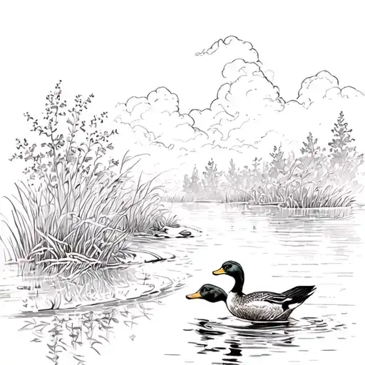 pond scene with dog chasing duck tattoo design idea