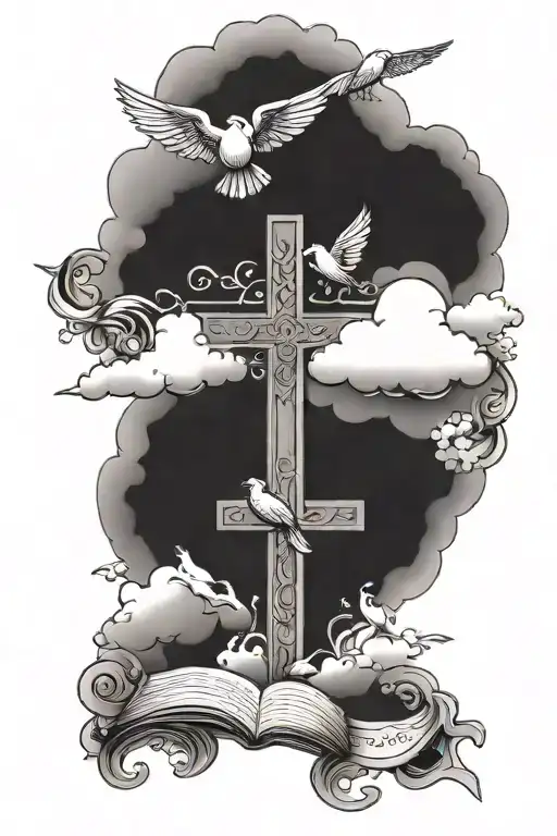 cross with clouds and 5 birds and a bible quote about family   tattoo design idea