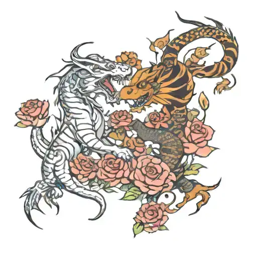 Dragon and tiger fighting with daisys and roses around them tattoo design idea