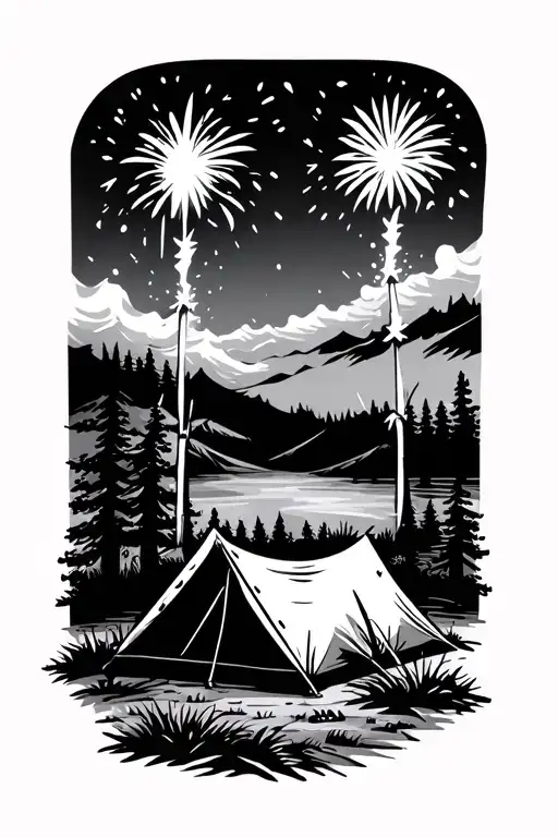 Simple tattoo from camping and firecracker that is bright next to the tent tattoo design idea