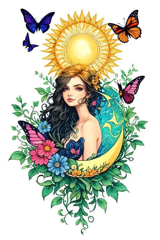 thigh tattoo, sun, moon, vines with flowers, fairies, magic, witch, butterflies, beauty tattoo design idea