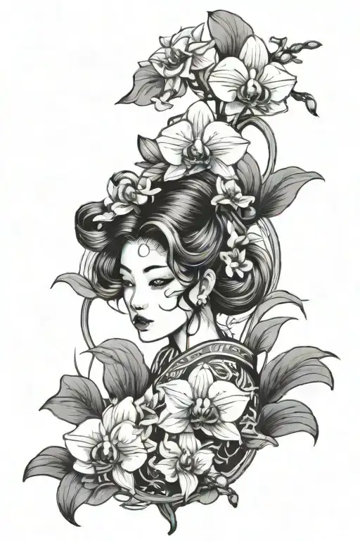 orchids blooming and woman in anime style tattoo featuring tattoo design idea