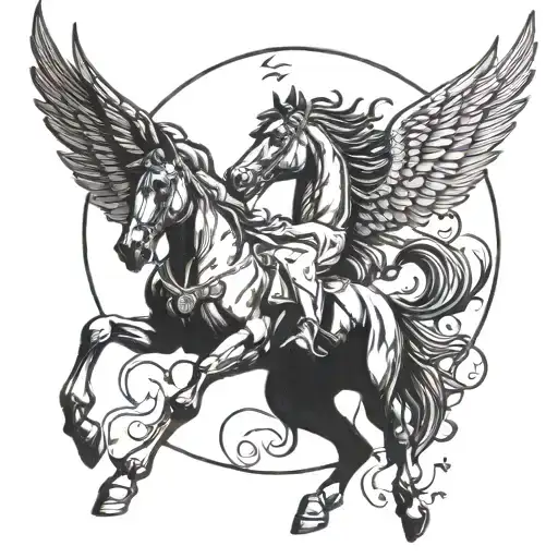 Pegasus flying with moon between his wings, and butterfly slightly covering the moon, and a mustang 1998 car racing unde tattoo design idea
