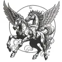 Pegasus flying with moon between his wings, and butterfly slightly covering the moon, and a mustang 1998 car racing unde tattoo design idea