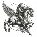 Pegasus flying with moon between his wings, and butterfly slightly covering the moon, and a mustang 1998 car racing unde tattoo design idea