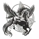 Pegasus flying with moon between his wings, and butterfly slightly covering the moon, and a mustang 1998 car racing unde tattoo design idea