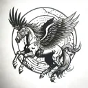 Pegasus flying with moon between his wings, and butterfly slightly covering the moon, and a mustang 1998 car racing unde tattoo design idea