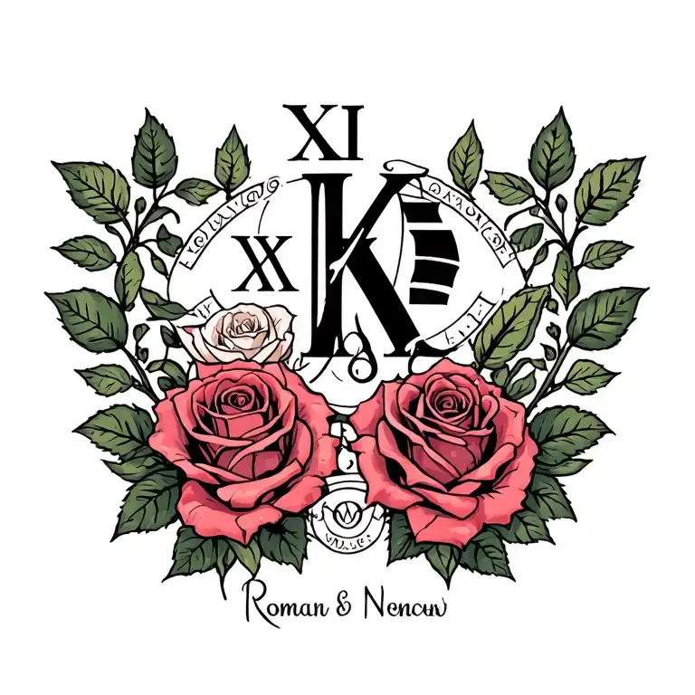 Roman numerals & name & roses tattoo design idea
