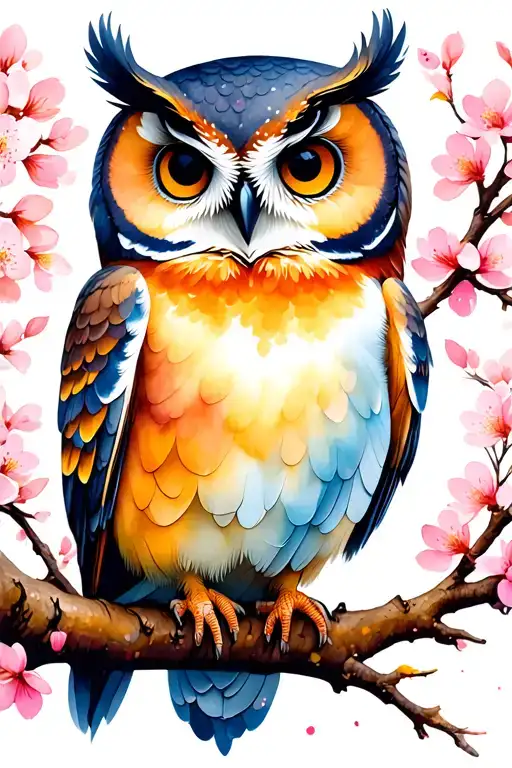 owl perched on a blooming cherry blossom trees colors sunset over lake tattoo design idea