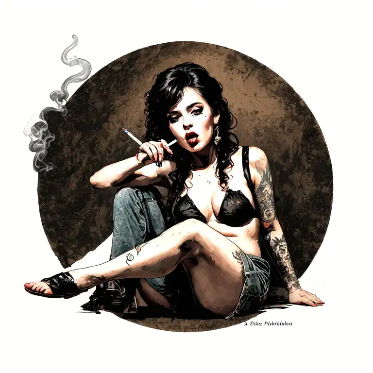 sexy. pale girl. smoking a cigarette. little to no clothing. sitting down. sexual. naughty. biting her lip.  tattoo design idea