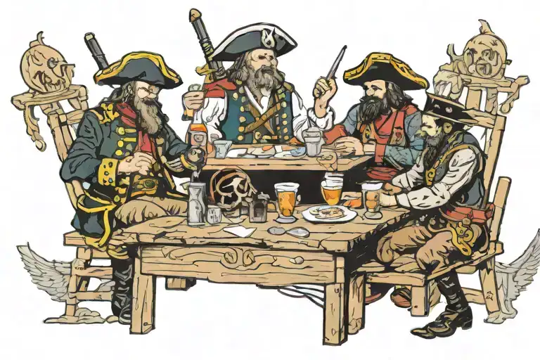 a pirate Captian, Viking warrior, George Washington and Navy SEAL playing cards at a bar table for a pile of gold in a t tattoo design idea