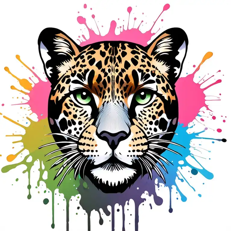 lisa frank inspired leopard face with a leopard print background. paint splatter included  tattoo design idea